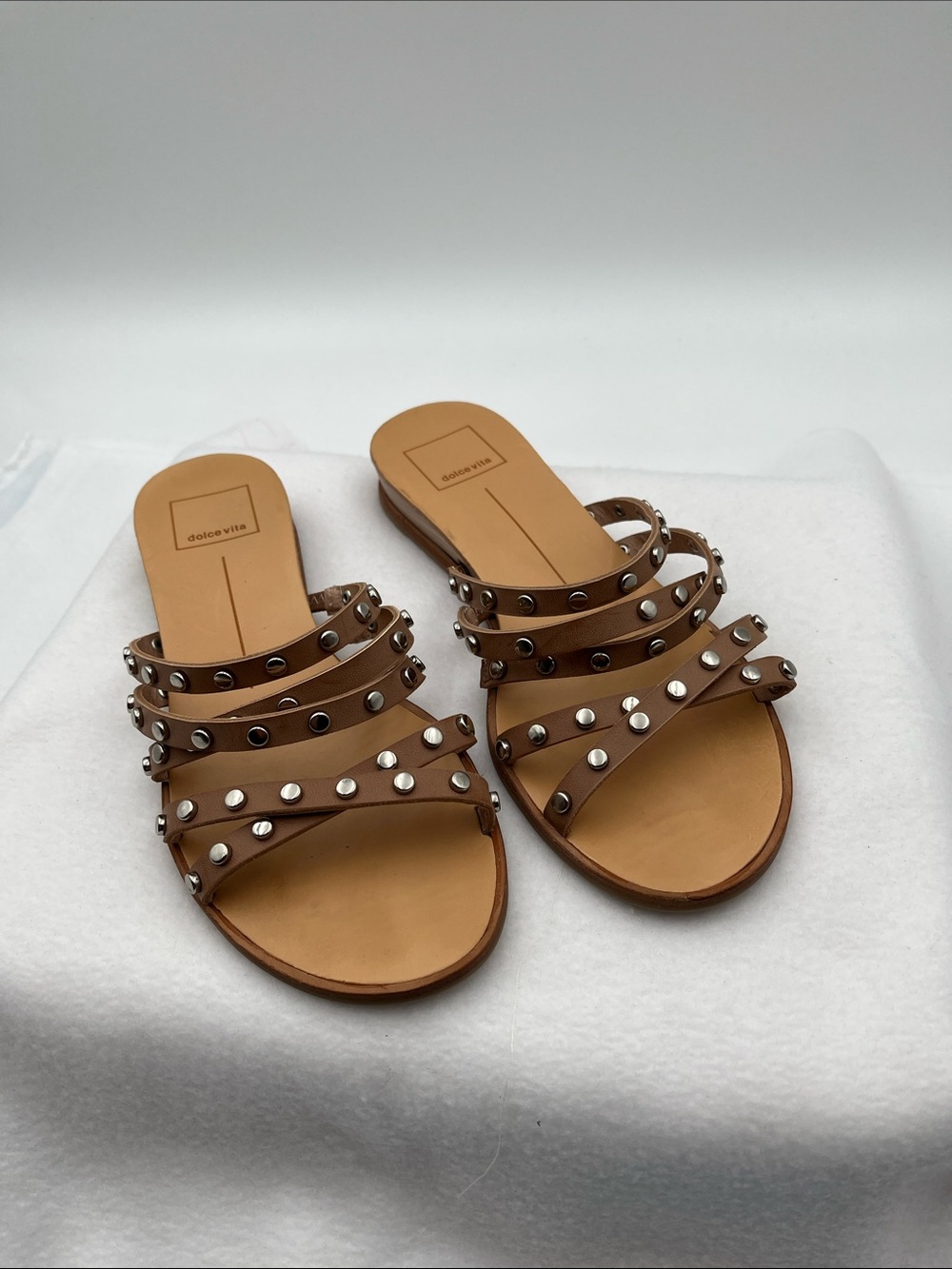 Dolce Vita Tan Multi-Strap Studded Slide Sandals